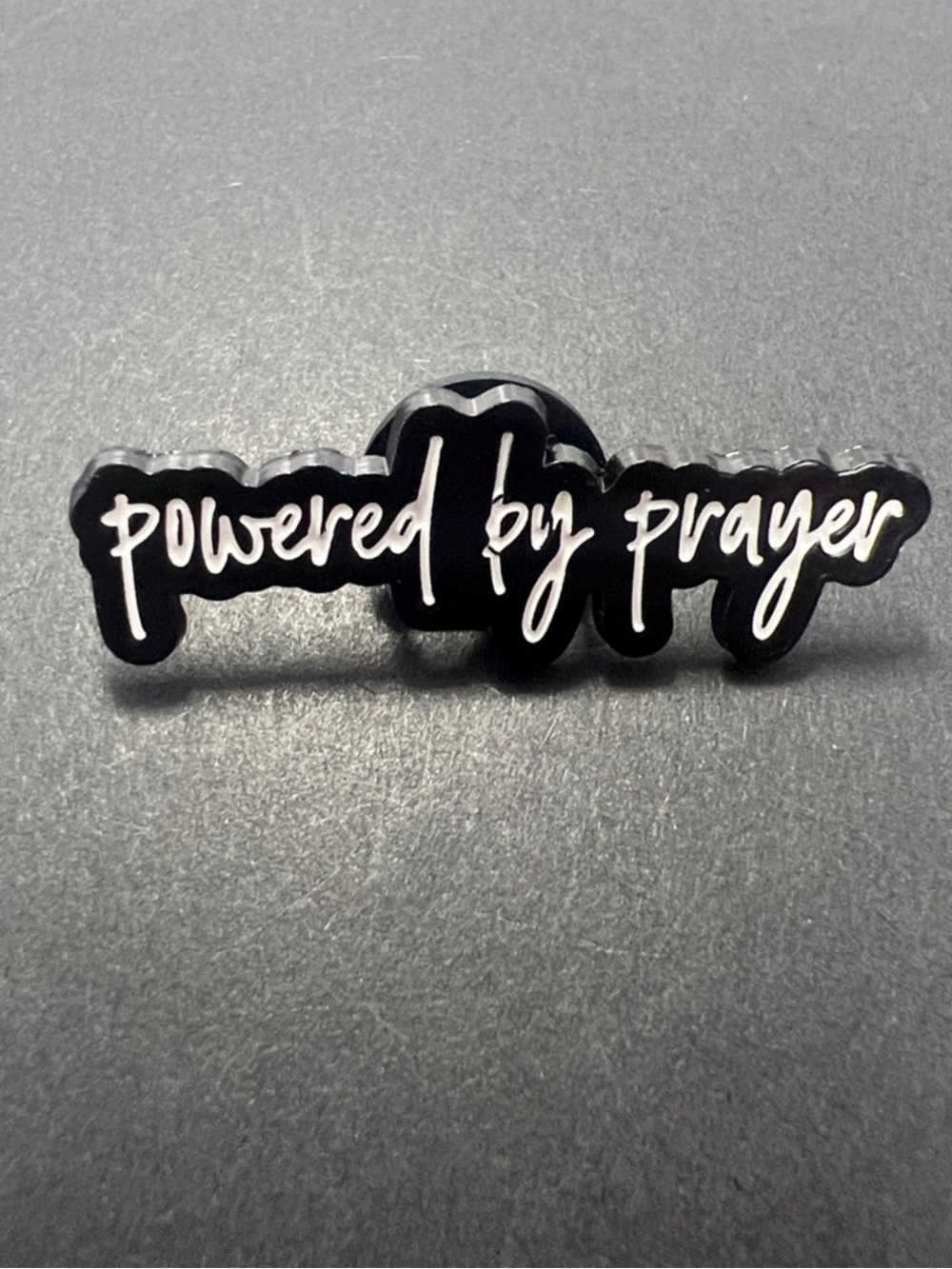 'Powered by Prayer' Black Enamel Pin Small Size